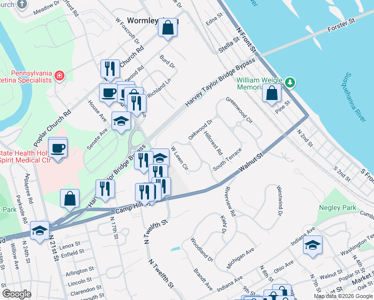map of restaurants, bars, coffee shops, grocery stores, and more near 23 West Lawn Circle in Wormleysburg