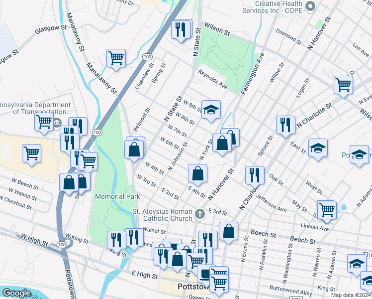 map of restaurants, bars, coffee shops, grocery stores, and more near 5 East 6th Street in Pottstown