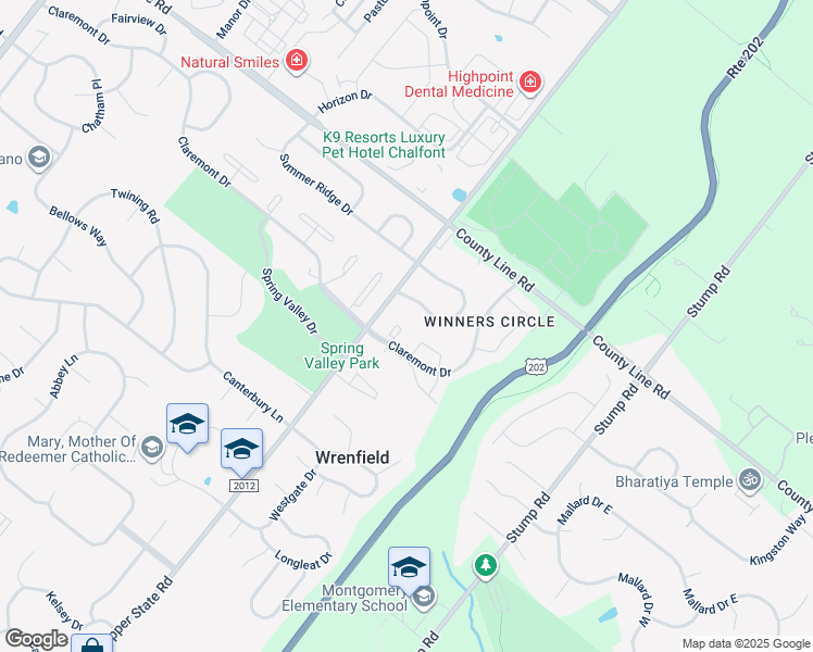map of restaurants, bars, coffee shops, grocery stores, and more near 202 Delmar Court in North Wales