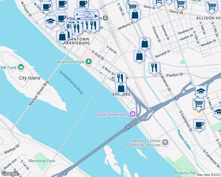 map of restaurants, bars, coffee shops, grocery stores, and more near South Front Street in Harrisburg