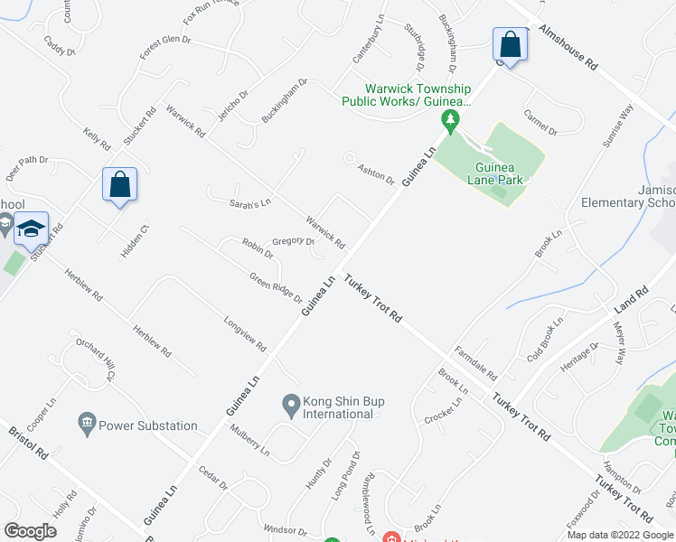 map of restaurants, bars, coffee shops, grocery stores, and more near 1781 Guinea Lane in Warrington