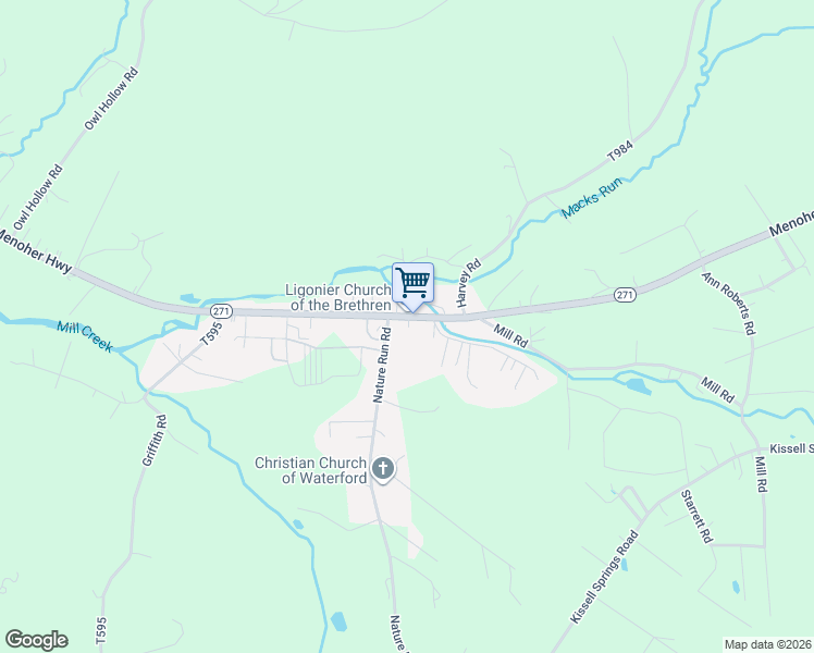 map of restaurants, bars, coffee shops, grocery stores, and more near 408 Pennsylvania 271 in Ligonier