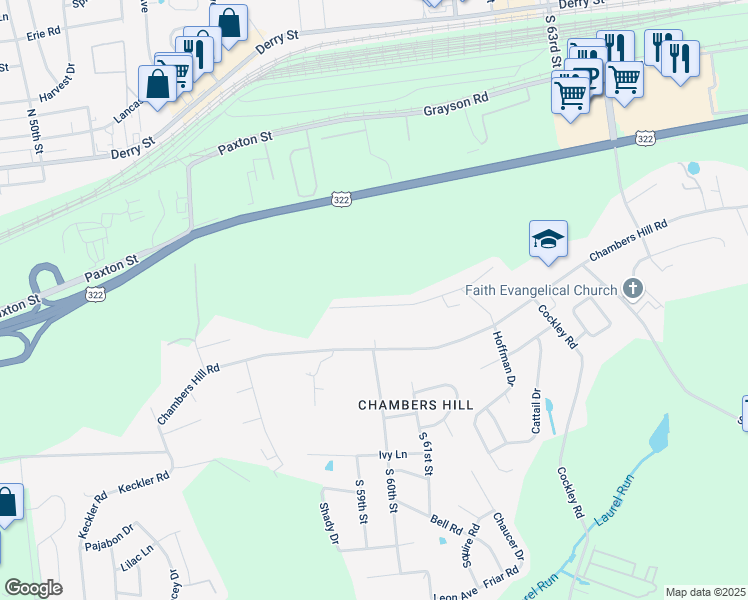 map of restaurants, bars, coffee shops, grocery stores, and more near 6111 Hocker Drive in Harrisburg
