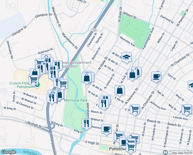 map of restaurants, bars, coffee shops, grocery stores, and more near 55 West 5th Street in Pottstown