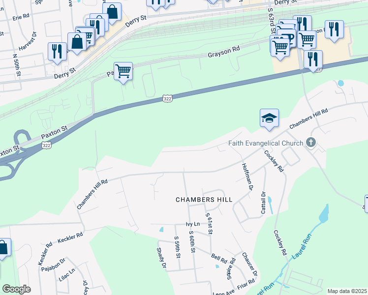 map of restaurants, bars, coffee shops, grocery stores, and more near 6111 Hocker Drive in Harrisburg