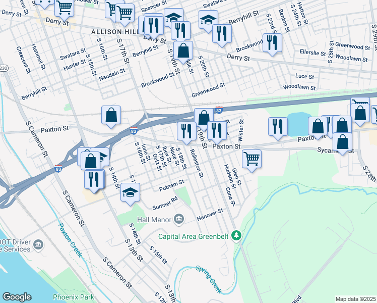 map of restaurants, bars, coffee shops, grocery stores, and more near 1012 Rolleston Street in Harrisburg