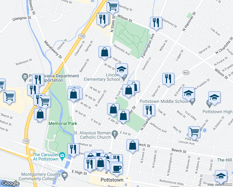 map of restaurants, bars, coffee shops, grocery stores, and more near 417 N York St in Pottstown