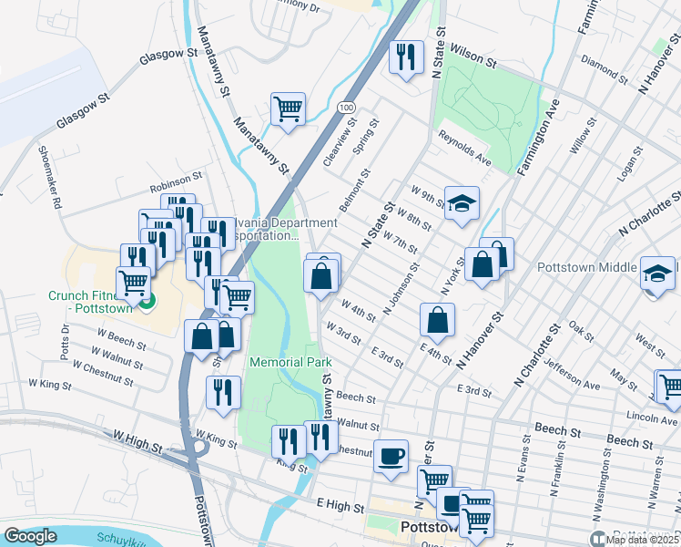 map of restaurants, bars, coffee shops, grocery stores, and more near 72 West 5th Street in Pottstown