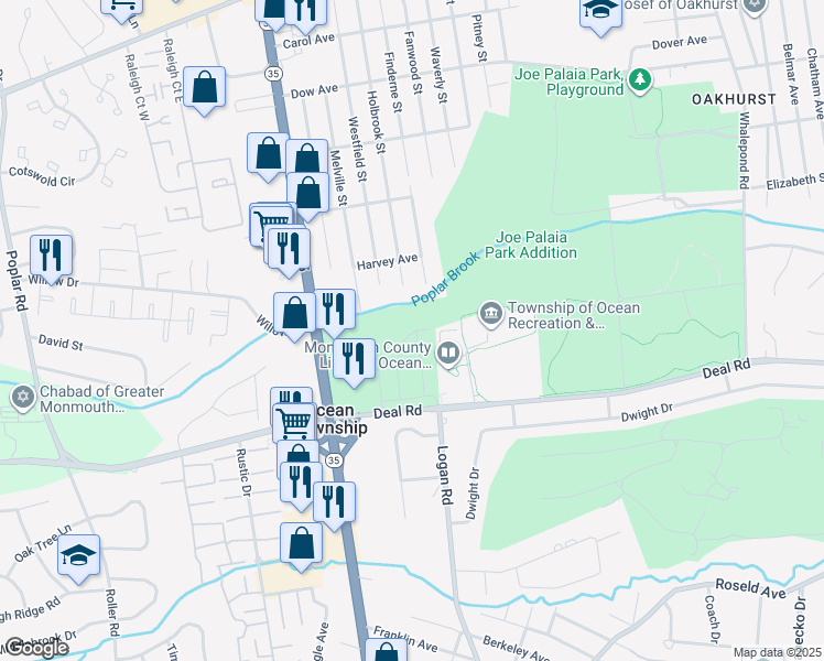 map of restaurants, bars, coffee shops, grocery stores, and more near 701 Deal Road in Ocean Township