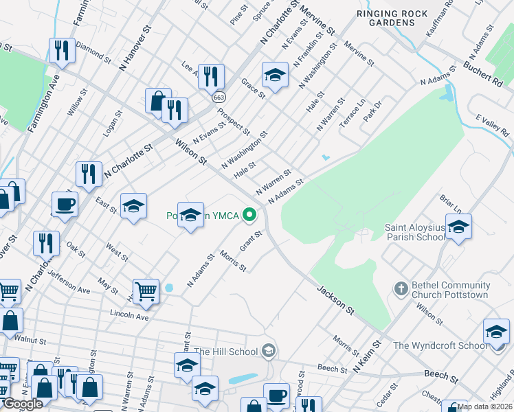 map of restaurants, bars, coffee shops, grocery stores, and more near 624 Wilson Street in Pottstown