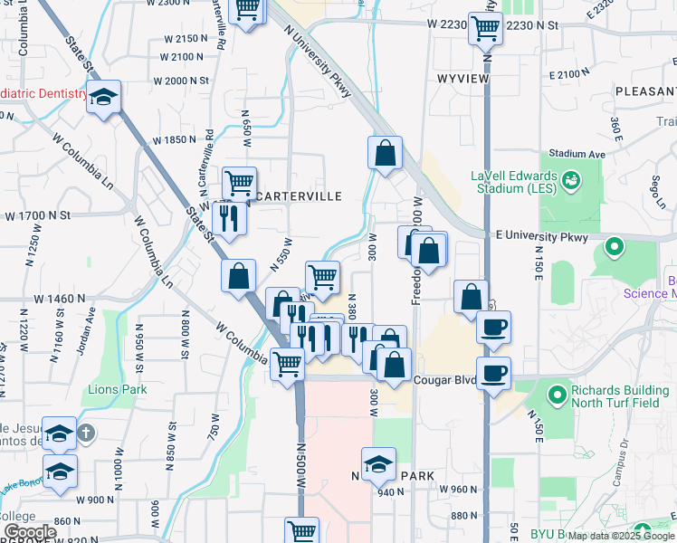 map of restaurants, bars, coffee shops, grocery stores, and more near 1460 Moon River Drive in Provo