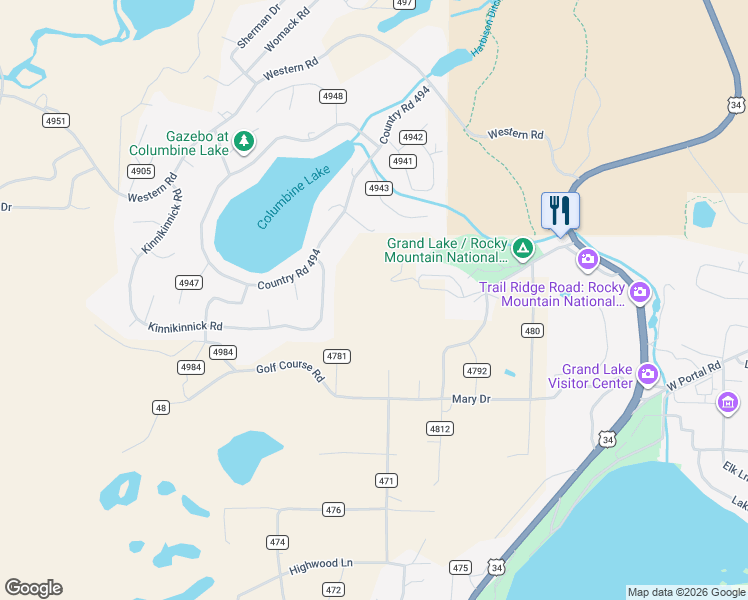 map of restaurants, bars, coffee shops, grocery stores, and more near 755 County Road in Grand Lake