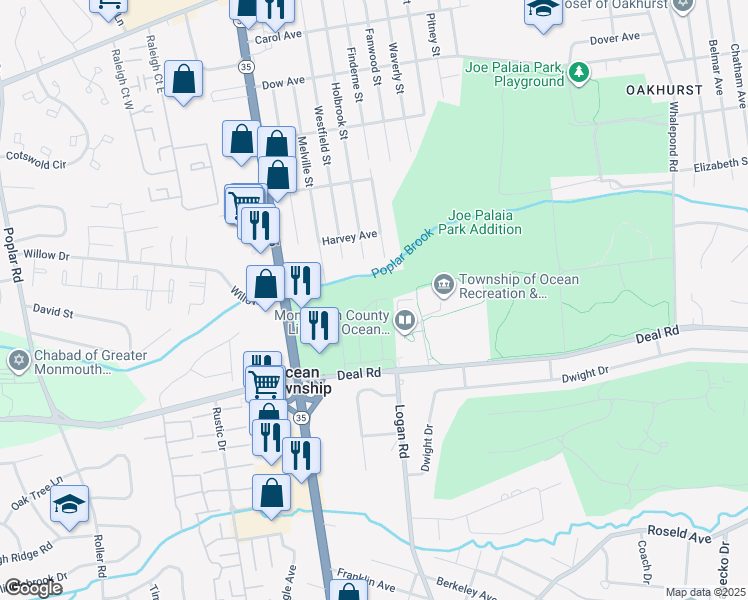 map of restaurants, bars, coffee shops, grocery stores, and more near 701 Deal Road in Ocean Township