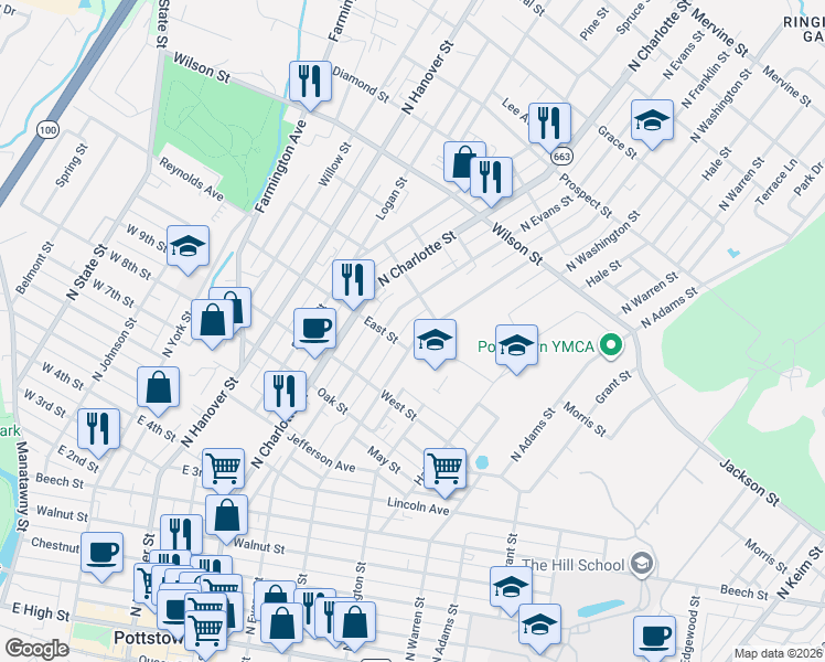 map of restaurants, bars, coffee shops, grocery stores, and more near 600 North Franklin Street in Pottstown