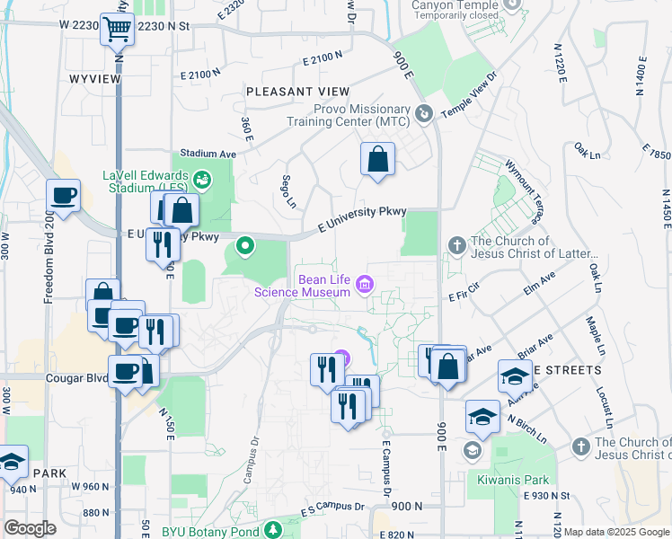 map of restaurants, bars, coffee shops, grocery stores, and more near 1545 North 600 East in Provo