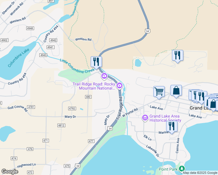 map of restaurants, bars, coffee shops, grocery stores, and more near 204 Tall Pine Circle in Grand Lake