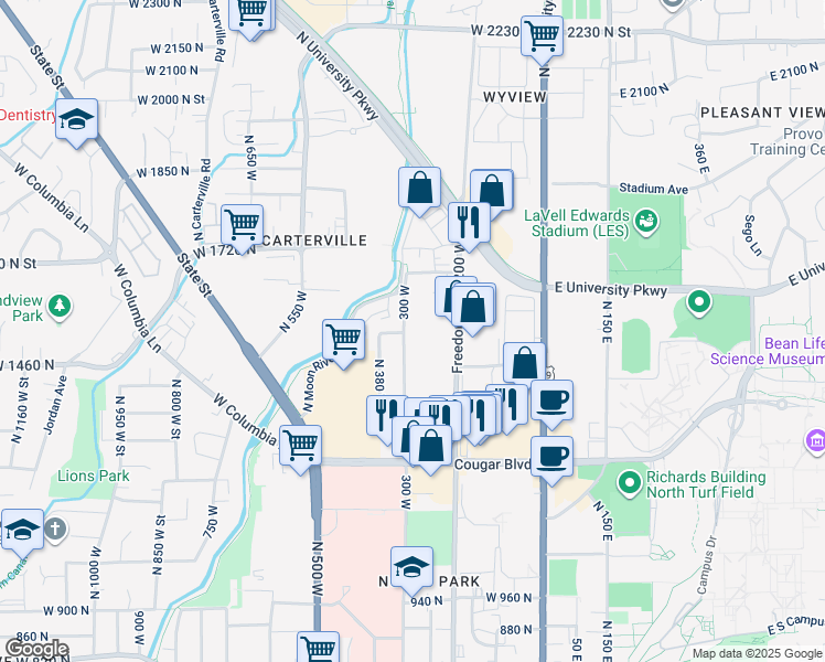 map of restaurants, bars, coffee shops, grocery stores, and more near 1535 Freedom Boulevard 200 West in Provo