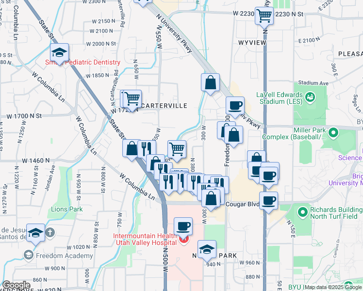 map of restaurants, bars, coffee shops, grocery stores, and more near 1460 Moon River Drive in Provo