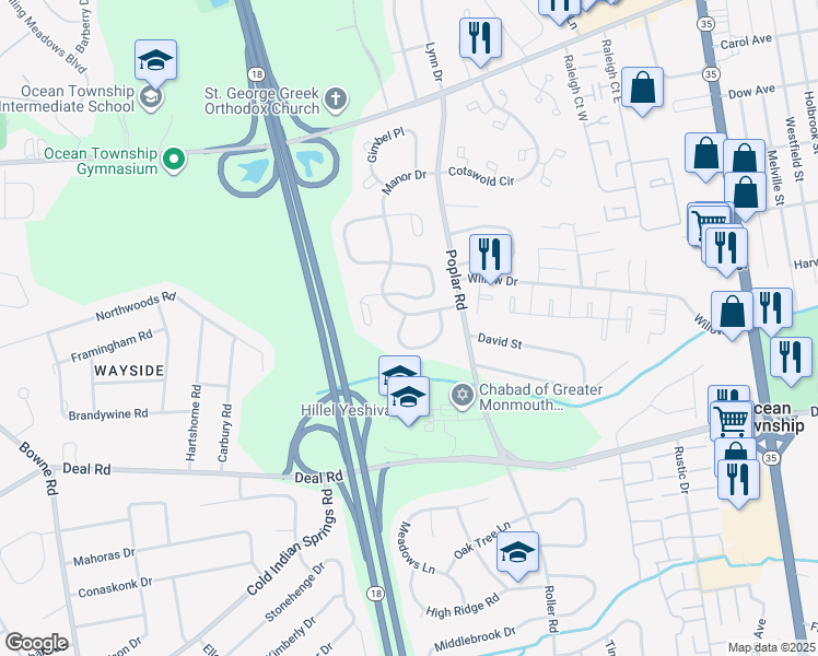 map of restaurants, bars, coffee shops, grocery stores, and more near 25 Rawson Circle in Monmouth County