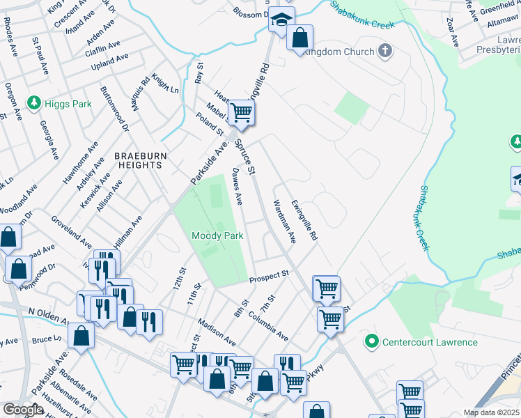 map of restaurants, bars, coffee shops, grocery stores, and more near 32 Dawes Avenue in Ewing Township