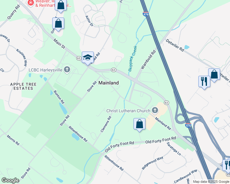 map of restaurants, bars, coffee shops, grocery stores, and more near 6 Mainland Road in Mainland