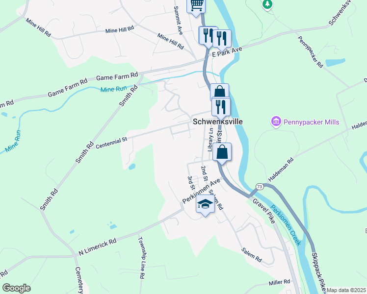 map of restaurants, bars, coffee shops, grocery stores, and more near 379 Cherry Street in Schwenksville