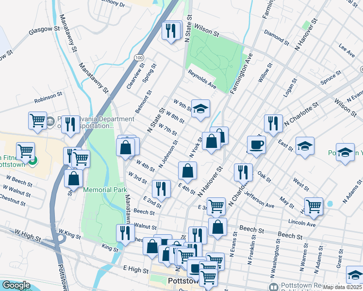 map of restaurants, bars, coffee shops, grocery stores, and more near 35 East 6th Street in Pottstown