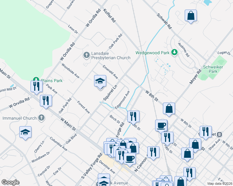 map of restaurants, bars, coffee shops, grocery stores, and more near 520 Poplar Street in Lansdale