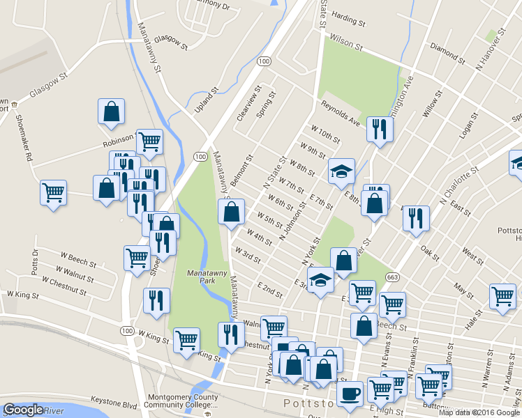 map of restaurants, bars, coffee shops, grocery stores, and more near 55 West 5th Street in Pottstown