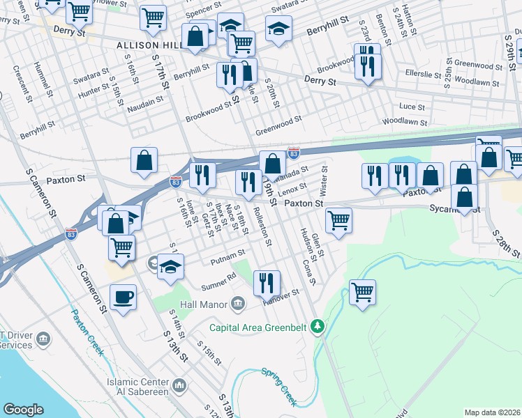 map of restaurants, bars, coffee shops, grocery stores, and more near 1031 Rolleston Street in Harrisburg