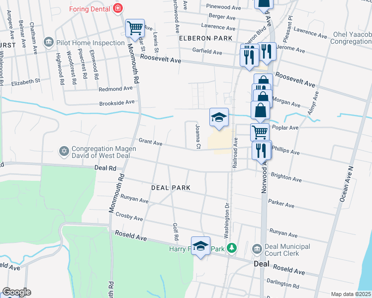 map of restaurants, bars, coffee shops, grocery stores, and more near 299 Grant Avenue in Deal