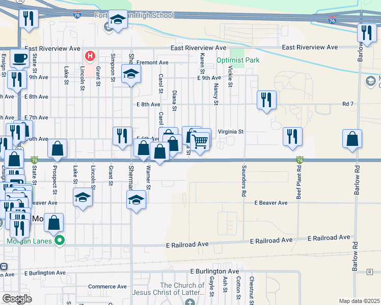 map of restaurants, bars, coffee shops, grocery stores, and more near 322 Linda Street in Fort Morgan