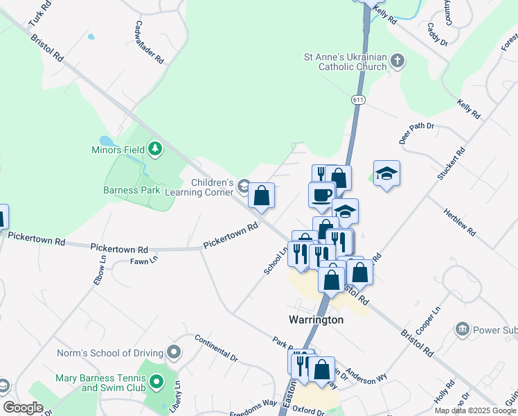 map of restaurants, bars, coffee shops, grocery stores, and more near 100 Beech Boulevard in Warrington