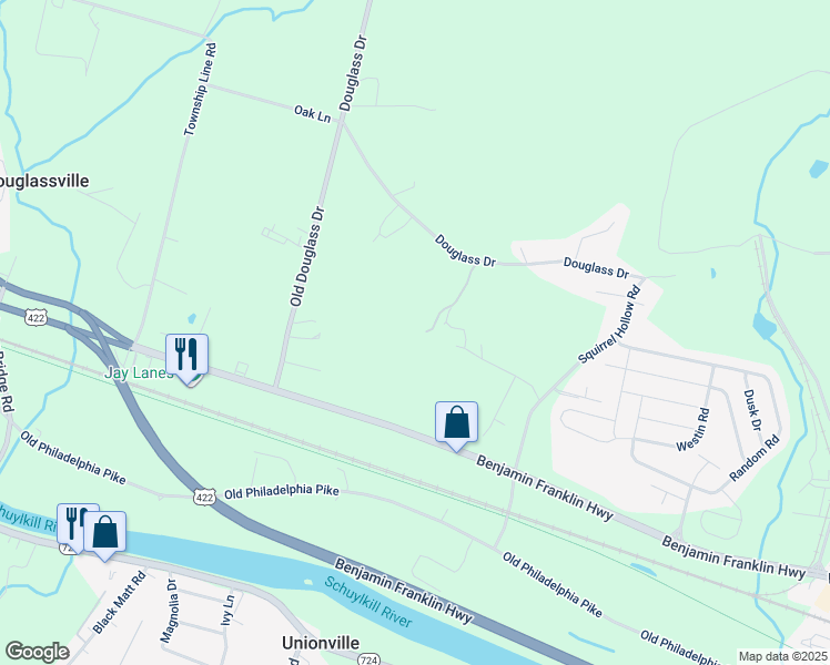 map of restaurants, bars, coffee shops, grocery stores, and more near 3 Minotto Lane in Douglassville