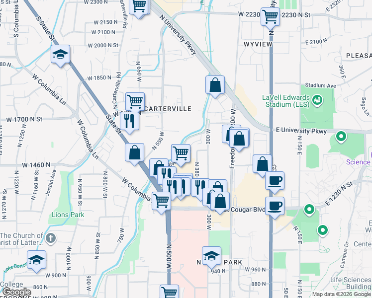 map of restaurants, bars, coffee shops, grocery stores, and more near 1460 Moon River Drive in Provo
