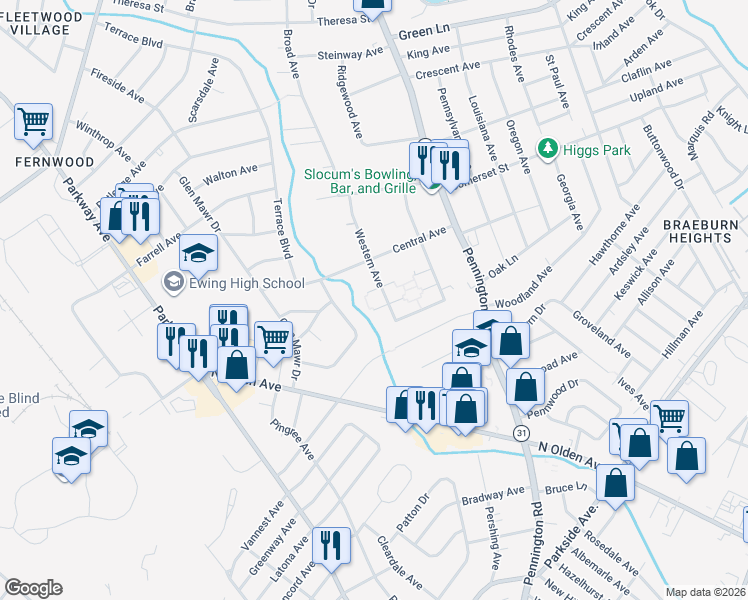 map of restaurants, bars, coffee shops, grocery stores, and more near 59 Western Avenue in Ewing Township
