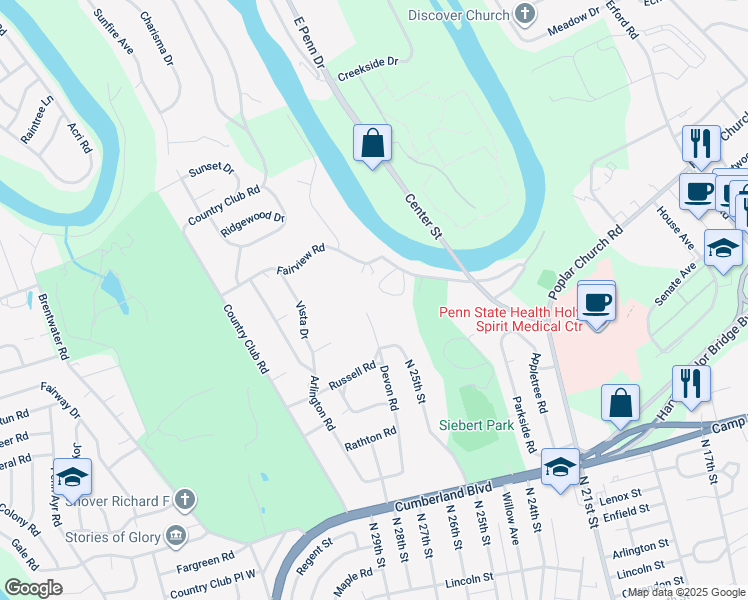 map of restaurants, bars, coffee shops, grocery stores, and more near 633 Devon Road in Camp Hill