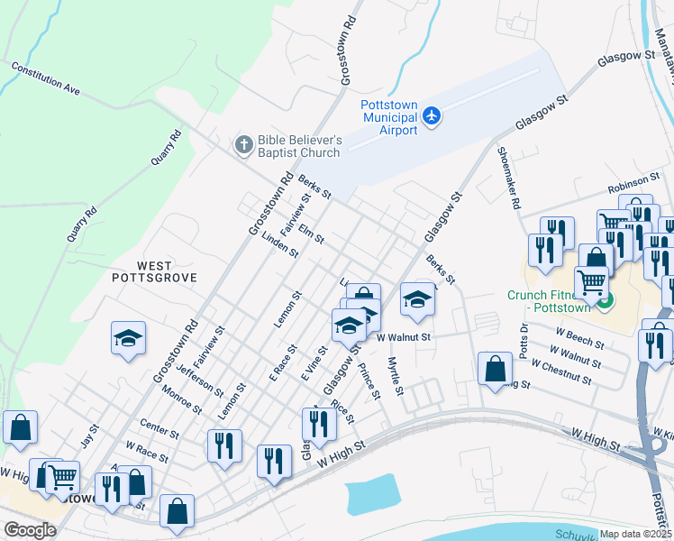 map of restaurants, bars, coffee shops, grocery stores, and more near 160 Linden Street in Stowe