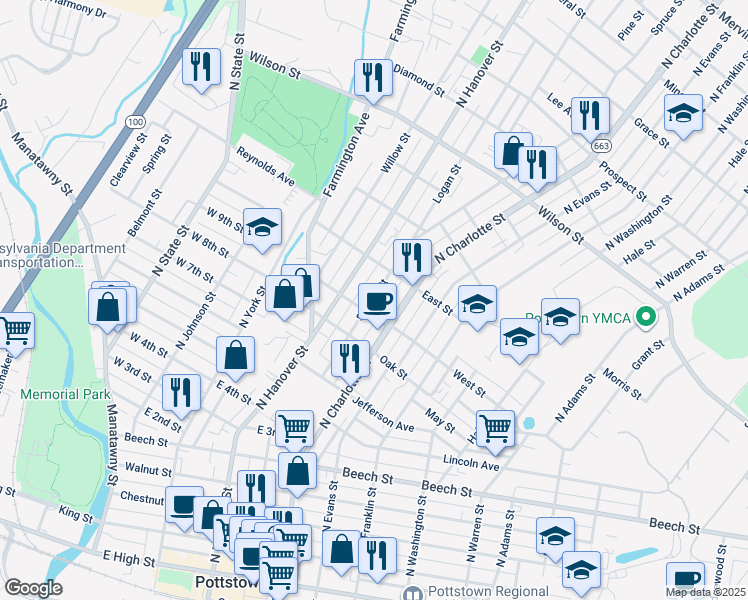 map of restaurants, bars, coffee shops, grocery stores, and more near 516 Spruce Street in Pottstown