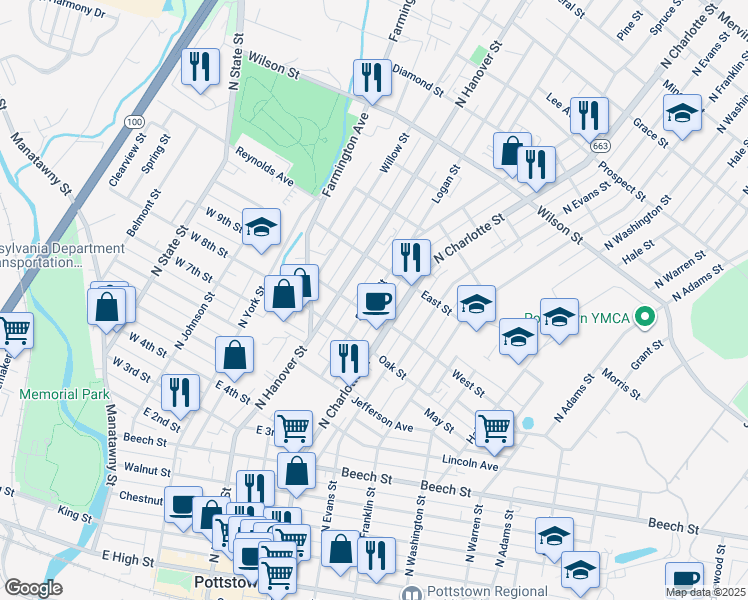 map of restaurants, bars, coffee shops, grocery stores, and more near 516 Spruce Street in Pottstown