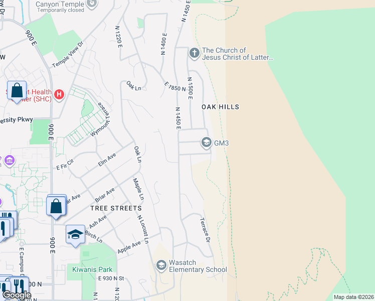 map of restaurants, bars, coffee shops, grocery stores, and more near 1479 Terrace Drive in Provo
