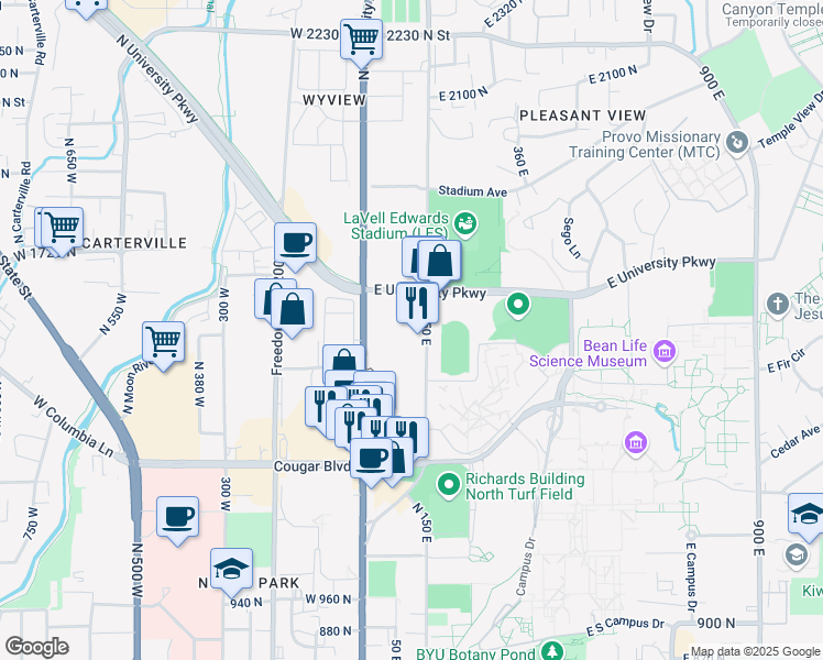 map of restaurants, bars, coffee shops, grocery stores, and more near 1505 North Canyon Road in Provo