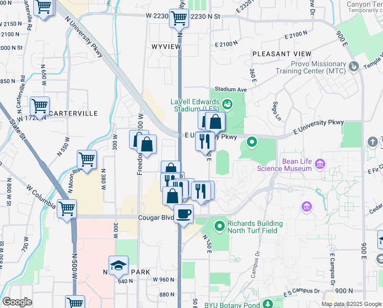 map of restaurants, bars, coffee shops, grocery stores, and more near 1505 North Canyon Road in Provo