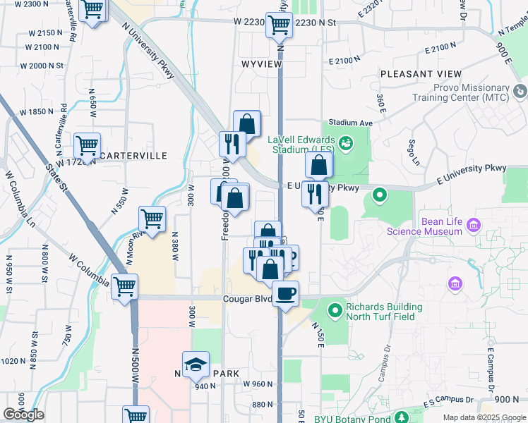 map of restaurants, bars, coffee shops, grocery stores, and more near 55 Paul Ream Avenue in Provo