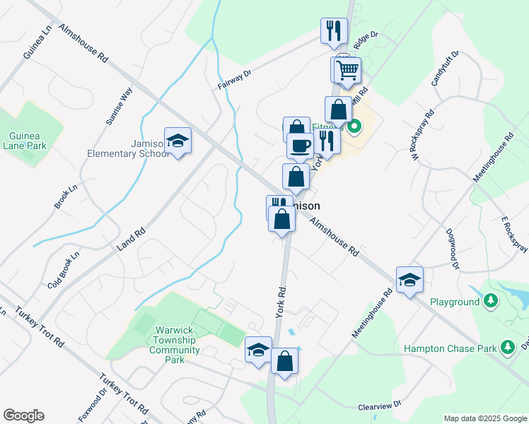 map of restaurants, bars, coffee shops, grocery stores, and more near 2160 York Road in Jamison