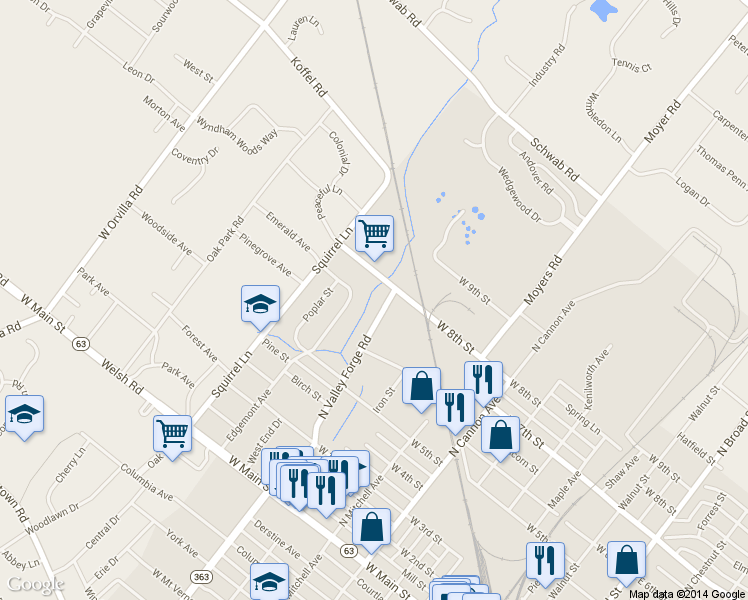 map of restaurants, bars, coffee shops, grocery stores, and more near 620 North Valley Forge Road in Lansdale