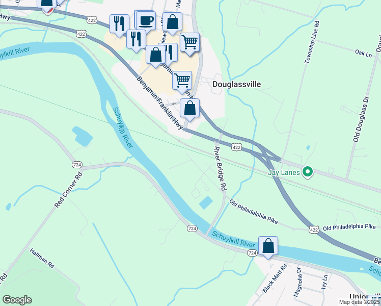 map of restaurants, bars, coffee shops, grocery stores, and more near 19 Old Philadelphia Pike in Douglassville