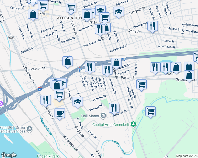 map of restaurants, bars, coffee shops, grocery stores, and more near 1724 Wayne Street in Harrisburg