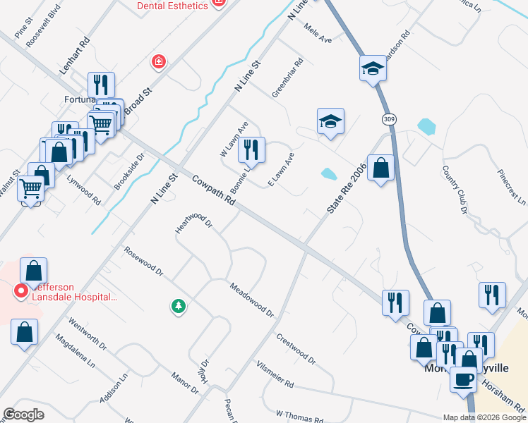 map of restaurants, bars, coffee shops, grocery stores, and more near 408 Cowpath Road in Lansdale