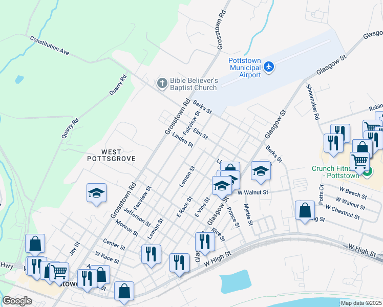 map of restaurants, bars, coffee shops, grocery stores, and more near 624 East Howard Street in Stowe